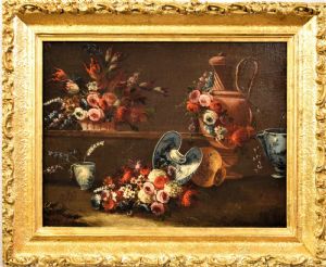 Stillleben mit Blumenväschen und Majolika